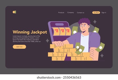 Winning Jackpot concept. A delighted person clutching a pile of gold bars with cash and slot machine symbols. Online casino success banner. Vector illustration.