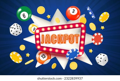 Winning jackpot concept with flying gambling elements. 3d vector illustration