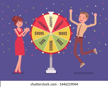 Winning jackpot, happy man successful in game show. Boy celebrating getting first prize, chance and luck to achieve large money fund, good fortune. Vector flat style cartoon illustration