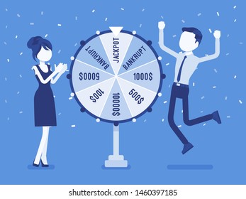 Winning jackpot, happy man successful in game show. Boy celebrating getting first prize, chance and luck to achieve large money fund, good fortune. Vector illustration, faceless characters