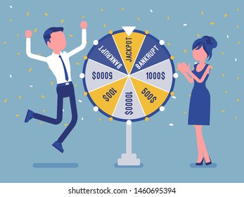 Winning jackpot, happy man successful in game show. Boy celebrating getting first prize, chance and luck to achieve large money fund, good fortune. Vector illustration, faceless characters