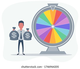 Winning jackpot, happy man successful in game show. Boy celebrating getting first prize, chance and luck to achieve large money fund, good fortune. Vector flat style cartoon illustration