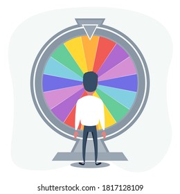 Winning Jackpot, Happy Man In Wheel Of Fortune Game. Vector Flat Style Cartoon Illustration