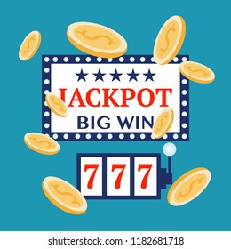 Winning the jackpot. Jackpot lighting banner. Symbol of Big Win. Eps 10 Vector illustration, horizontal image, Minimalist  flat modern design. Blue background golden currency red and blue text.