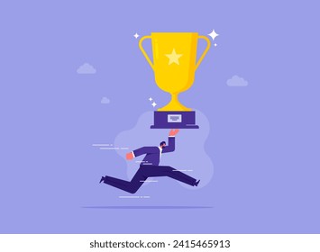 Winning large business or challenge concept, businessman entrepreneur carrying big winner trophy. Achievements of goals, big success