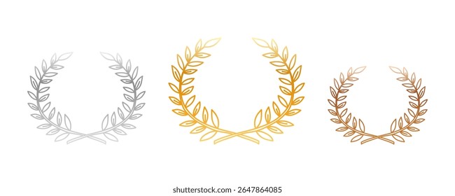 Winning laurel wreath template set in metallic gradients. Award title rank icon set. Gold, silver and bronze places, award laurel wreaths. Ranking lease title illustration with empty copy space.