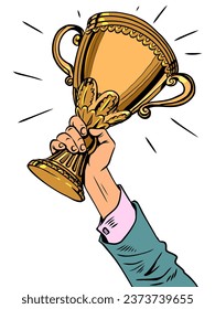 Winning for life after a long competition. leader among his peers. The hand of an office worker holds a goblet.