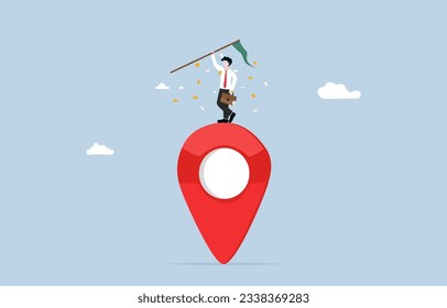 Winning at local marketing, effective branding and positioning in particular, success and leadership concept, Businessman raising flag on top of map pin icon.