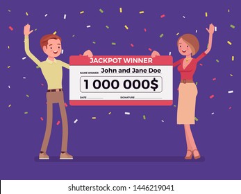 Winning lottery ticket, happy pair holding giant check. Successful couple celebrating chance event of getting first prize, good luck to achieve large money fund. Vector flat style cartoon illustration