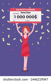 Winning lottery ticket, happy woman holding giant check. Successful boy celebrating chance event of getting first prize, good luck to achieve large money fund. Vector flat style cartoon illustration