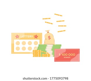 Winning lottery ticket and money prize with cash falling from above isolated on white background. Gold coins and dollar bills - gambling fortune, vector illustration.