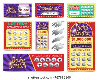 Winning lotto tickets and scratch cards vector set. Win game in lottery illustration