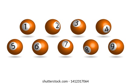 Winning Lucking Orange Lottery Bingo Balls Set, White Circle Numbers on Bright Orange Sphere Balls, isolated on Bright White Background