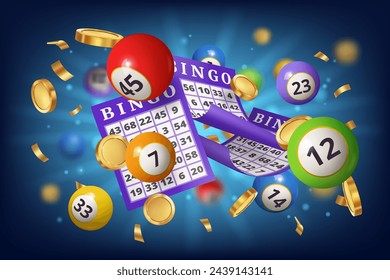 Winning money in casino, playing bingo game and getting prize. Vector realistic ticket with numbers to cross, balls and dollar golden coins. Opportunity and success, jackpot and gambling luck