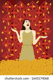 winning money in coins rain, woman happy millionare