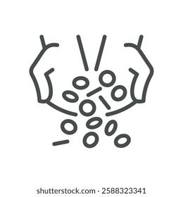 Winning Money Icon. Thin Line Illustration of Coins in hands and Dropping Coins, Symbolizing Gambling Winnings, Luck, Jackpot or Financial Loss. Isolated Outline Vector Sign.