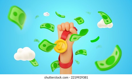 Winning money in sport competition. Jackpot winner. Falling money bills and hand holding golden medal on blue sky background.