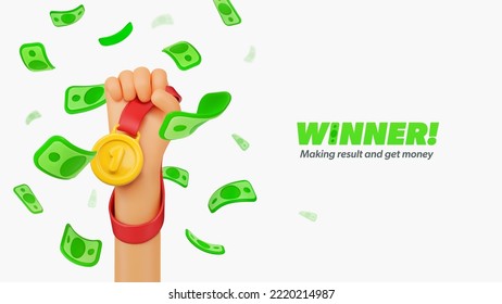 Winning money in sport competition or jackpot. Lottery winner vector illustration. Falling money bills and hand holding golden medal on white background. svg