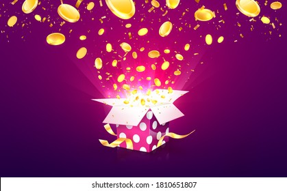 Winning money vector illustration. Casino online betting win. Gambling background. Gift box with coins explosion out