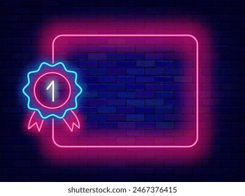 Winning neon poster. First place competition. Back to school. Sport invitation. Shiny greeting card. Empty pink frame and medal symbol. Glowing banner. Editing text. Vector stock illustration