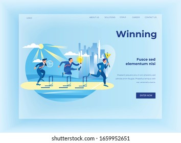 Winning on Business Competition Flat Landing Page Design. Businessmen with Clock, Idea Light Bulb and Winner Flag Running and Jumping over Obstacles, Hurdles. Leadership. Vector Cartoon Illustration