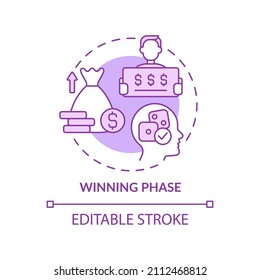 Winning phase purple concept icon. Compulsive betting. Gambling psychology increasing abstract idea thin line illustration. Isolated outline drawing. Editable stroke. Arial, Myriad Pro-Bold fonts used