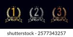 Winning places banners. Award symbol - 1, 2 and 3 place. Shiny metallic golden, silver and bronze laurel wreath frames, ribbon and stars with first, second and third place text. Vector illustration.