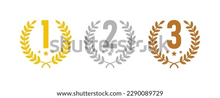 Winning places icons with wreath frame. Award symbol - 1, 2 and 3 place. Golden, silver and bronze laurel wreaths with first, second and third place signs. Vector. 商業照片 © 
