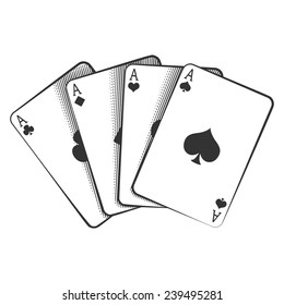 A winning poker hand of four aces playing cards suits on white.