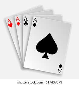 A winning poker hand of four aces playing cards suits on white.