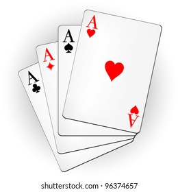 A winning poker hand of four aces playing cards suits on white: hearts, diamonds, clubs, spades. Vector illustration.