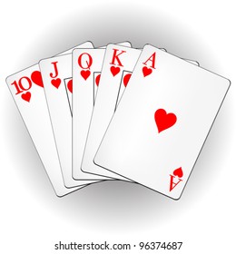 A Winning Poker Hand Of Royal Flush Playing Cards Suits On White. Vector Illustration.