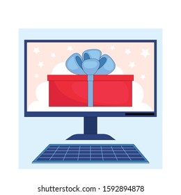 Winning the prize draw. Gift box on the computer screen.Flat linear stock vector illustration