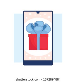 Winning the prize draw. Gift box on the smartphone screen.Flat linear stock vector illustration