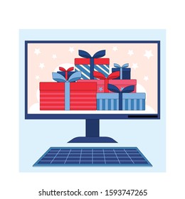 Winning the prize draw. Gift boxes on the computer screen.Flat linear stock vector illustration