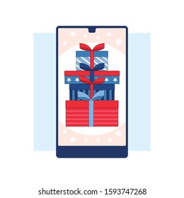 Winning the prize draw. Gift boxes on the smartphone screen.Flat linear stock vector illustration