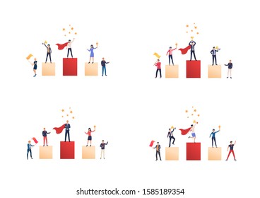 Winning prize set. Competitors or team standing on pedestal and holding awards. Flat vector illustrations. Business, leadership concept for banner, website design or landing web page