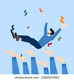 winning a prize, success in work or goal achievement congratulation party concept, job promotion celebration, happy company colleagues throwing their happy boss in the air celebrating team success.