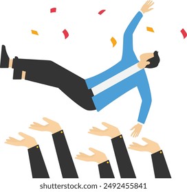 ganar un premio, éxito en el trabajo o el logro de objetivos, felicitación concepto del partido, celebración de la promoción de empleo, colegas de la empresa feliz lanzando a su jefe feliz en el aire celebrando el éxito del equipo.