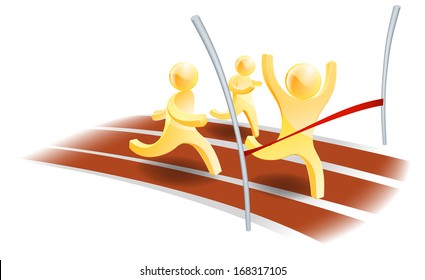 Winning Race Concept, Three People Racing On A Track With One About To Cross The Finish Line