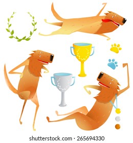 Winning Red Happy Dog Contest with Cups and Medals Collection. Winner dogs celebrating victory set. Colorful cartoon illustration. Vector EPS10. 