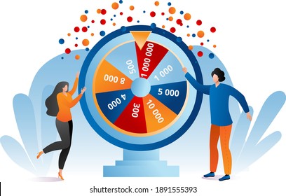 Winning Ring Fortune Lottery, Woman And Man Character Spin Lucky Wheel, Raffle Cartoon Vector Illustration, Isolated On White. Concept Television Broadcast Prize Drawing, Money Lotto.