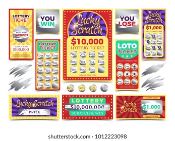 Winning Scratching Lottery Vector Tickets. Win Ticket Lottery, Game Prize Card Illustration