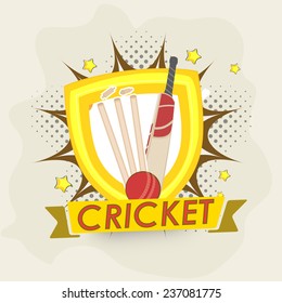 Winning shield with bat, ball, wicket stump and text for sports of cricket concept on creative background.