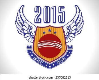 Winning shield with wings, cricket ball and 2015 text on shiny grey background.