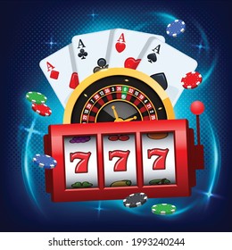 Winning slot machine, playing cards and roulette wheel fly casino. Online casino vector illustration. Concept on blue background. Casino vector illustration. Online casino, gambling concept