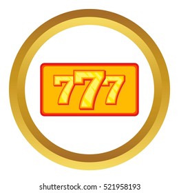Winning slot machine vector icon in golden circle, cartoon style isolated on white background