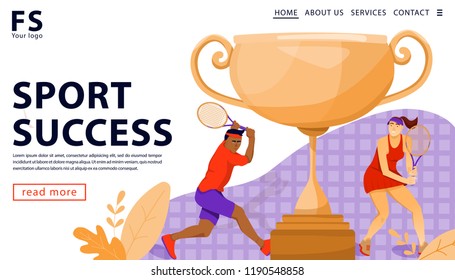 Winning sport concept with gold award cup and tennis players. Landing page template. Vector flat illustration.