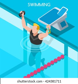 Winning Sportsman Swimmer Swimming Icon Set. 3D Flat Isometric Freestyle Breaststroke Backstroke Butterfly Relay winner Sport Swimming Pool Competition Race. Sport Infographic events Vector People