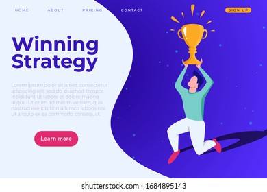 Siegendes Strategie-Banner-Konzept, richtige Business-Lösung Landing Page Template. Mann mit Meisterbecher über seinem Kopf